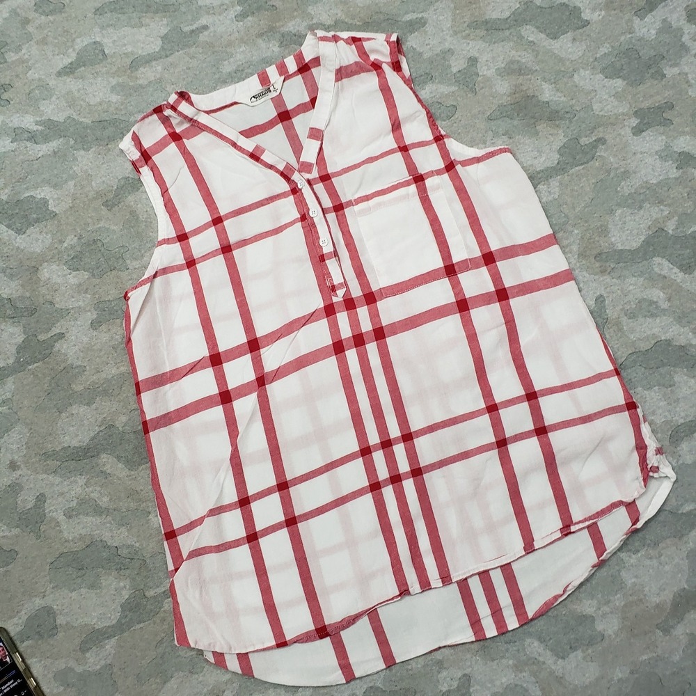 Mountain Khaki Top Womens Large Red Relaxed Fit Button Sleeveless Outdoors